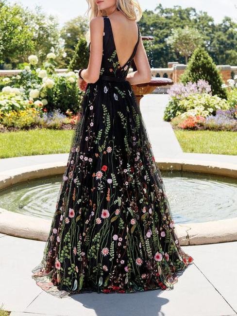 Floral Embroidery Mesh Plunge V-Neck Sleeveless Ball Gown Maxi Dress