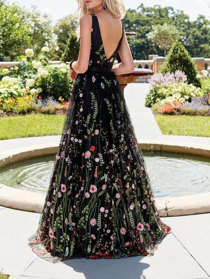 Floral Embroidery Mesh Plunge V-Neck Sleeveless Ball Gown Maxi Dress