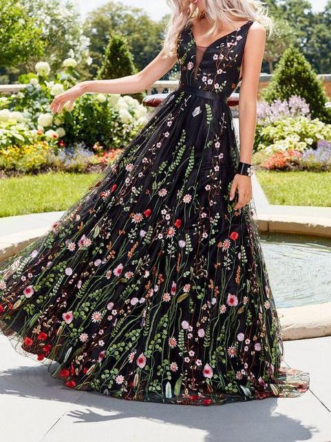 Floral Embroidery Mesh Plunge V-Neck Sleeveless Ball Gown Maxi Dress