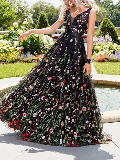 Floral Embroidery Mesh Plunge V-Neck Sleeveless Ball Gown Maxi Dress