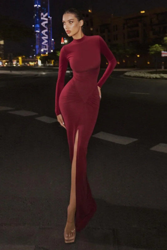 Slim High Neck Slit Bodycon Maxi Dress