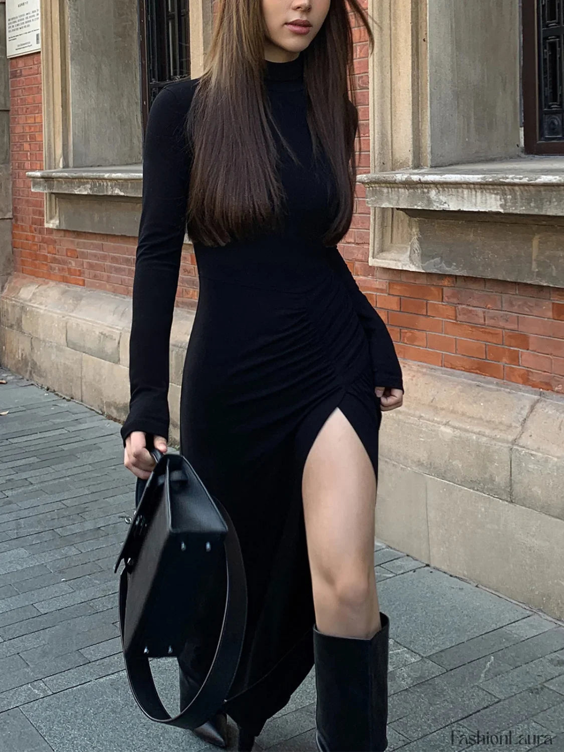 Slit Pleated Long Sleeve Bodycon Mock Neck Long Dress