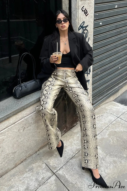 Snake Print Straight Stylish Versatile Jeans