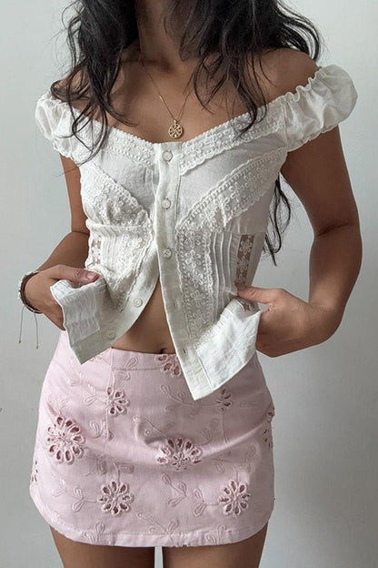 Hannah Button Front Puff Lace Blouse