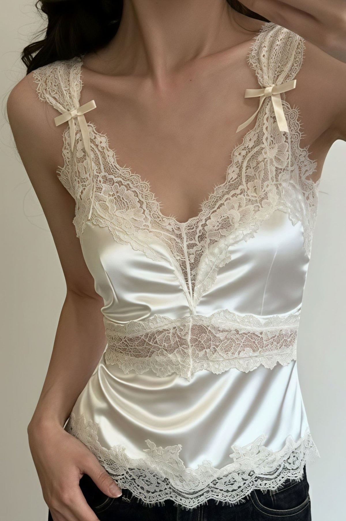 Julianne V Neck Sleeveless Satin Lace Blouse