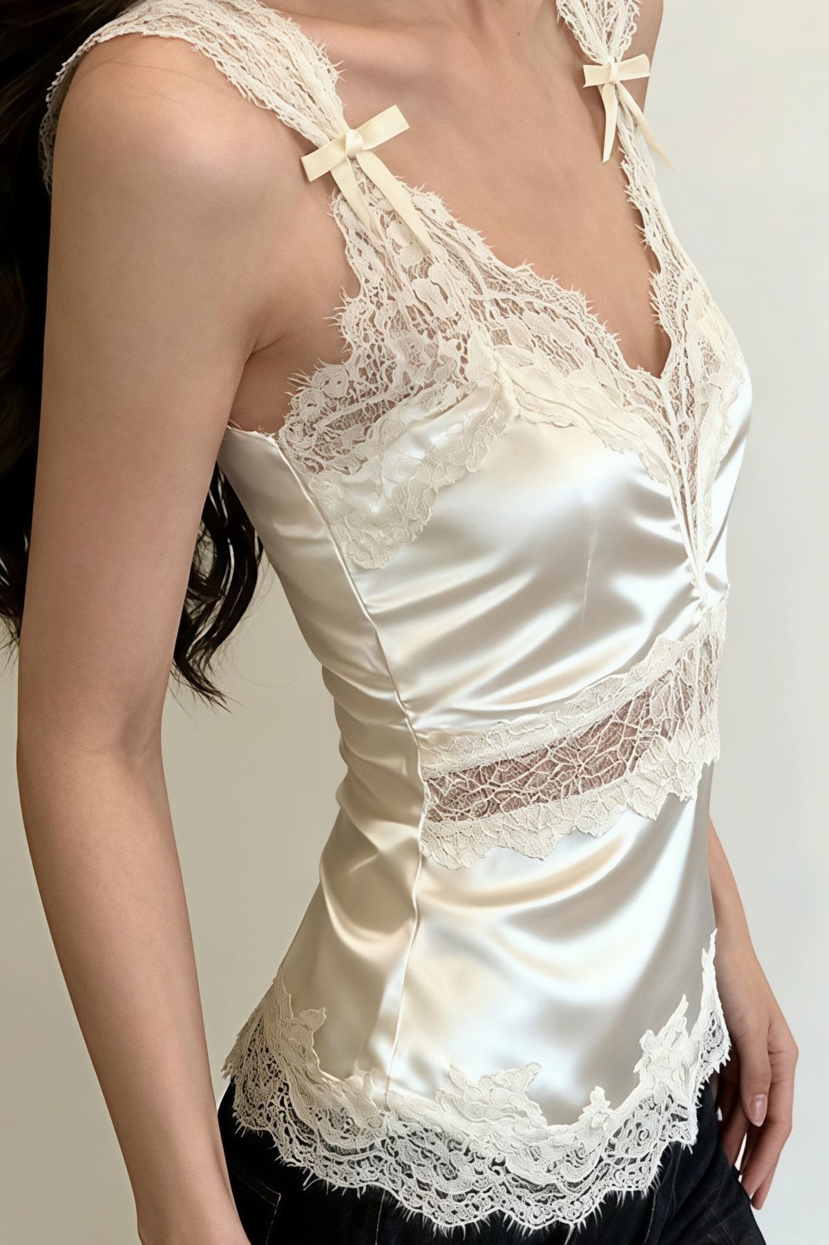 Julianne V Neck Sleeveless Satin Lace Blouse