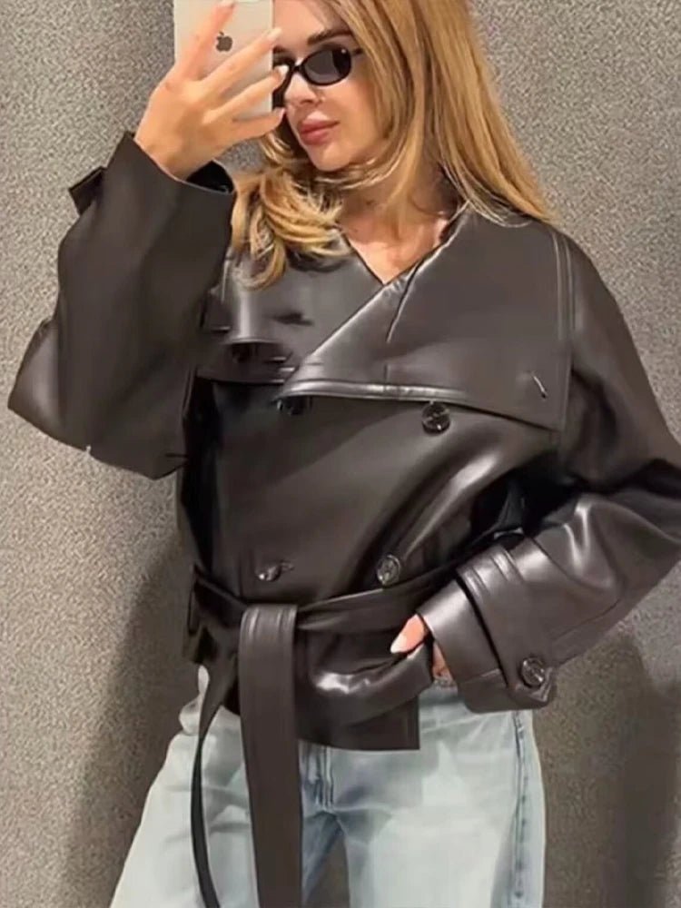 Nadia Faux Leather Lace-Up Trench Coat