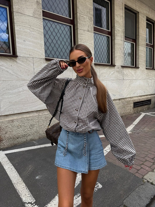 Olivia Plaid Drawstring High Neck Jacket
