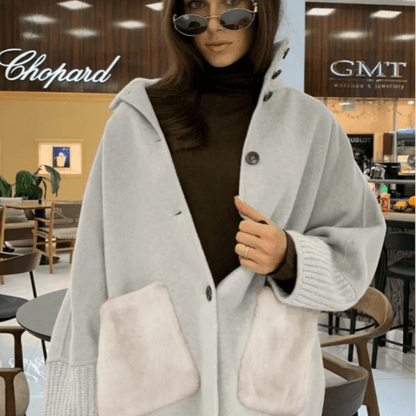 Terry Turtleneck Faux Fur Knit Coat