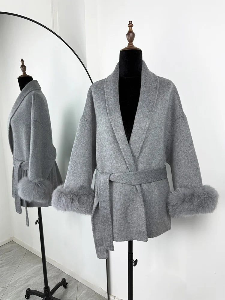 Wool Wrap Coat with Fox Fur Cuff