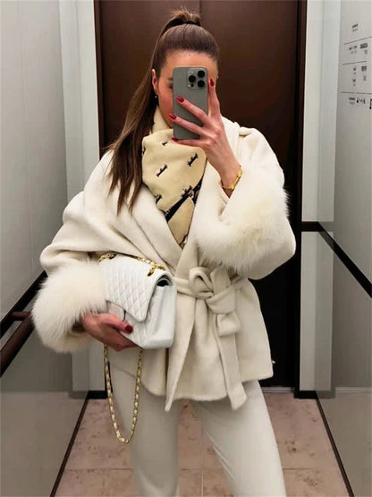 Wool Wrap Coat with Fox Fur Cuff