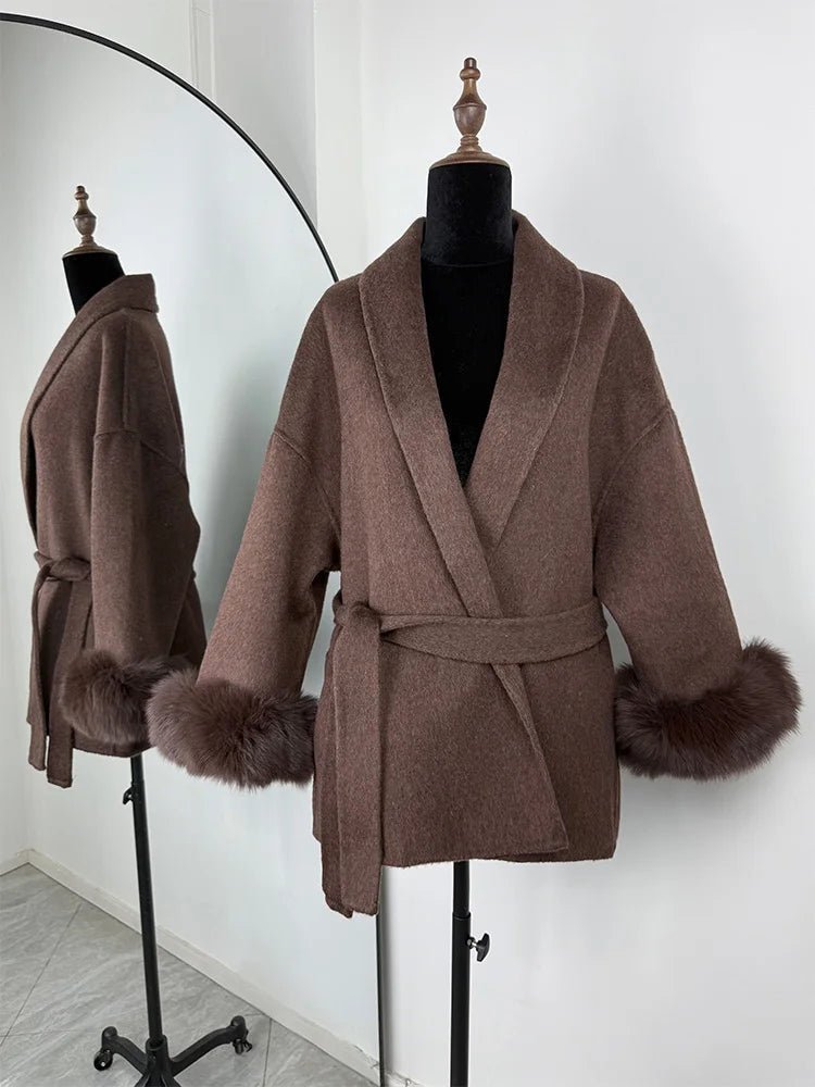 Wool Wrap Coat with Fox Fur Cuff