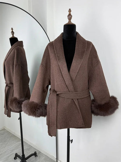 Wool Wrap Coat with Fox Fur Cuff