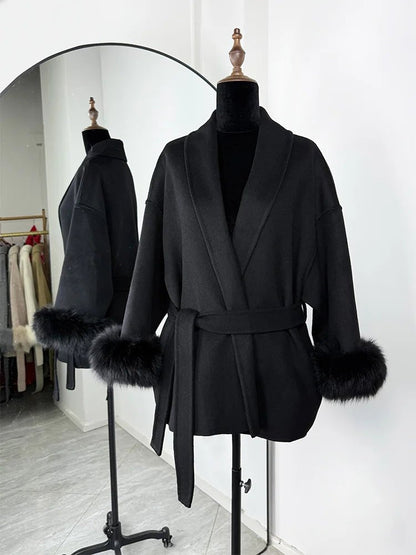 Wool Wrap Coat with Fox Fur Cuff