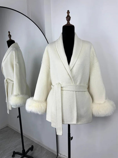 Wool Wrap Coat with Fox Fur Cuff