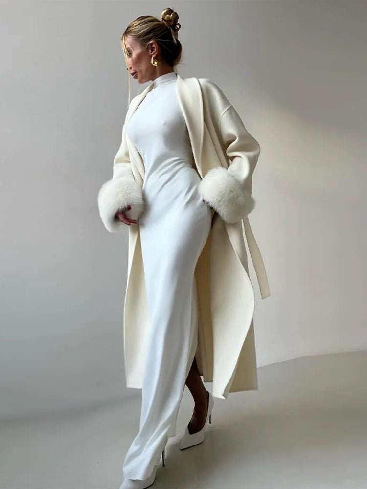 Wool Wrap Coat with Fox Fur Cuff
