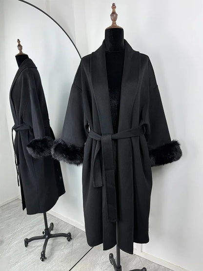 Wool Wrap Coat with Fox Fur Cuff