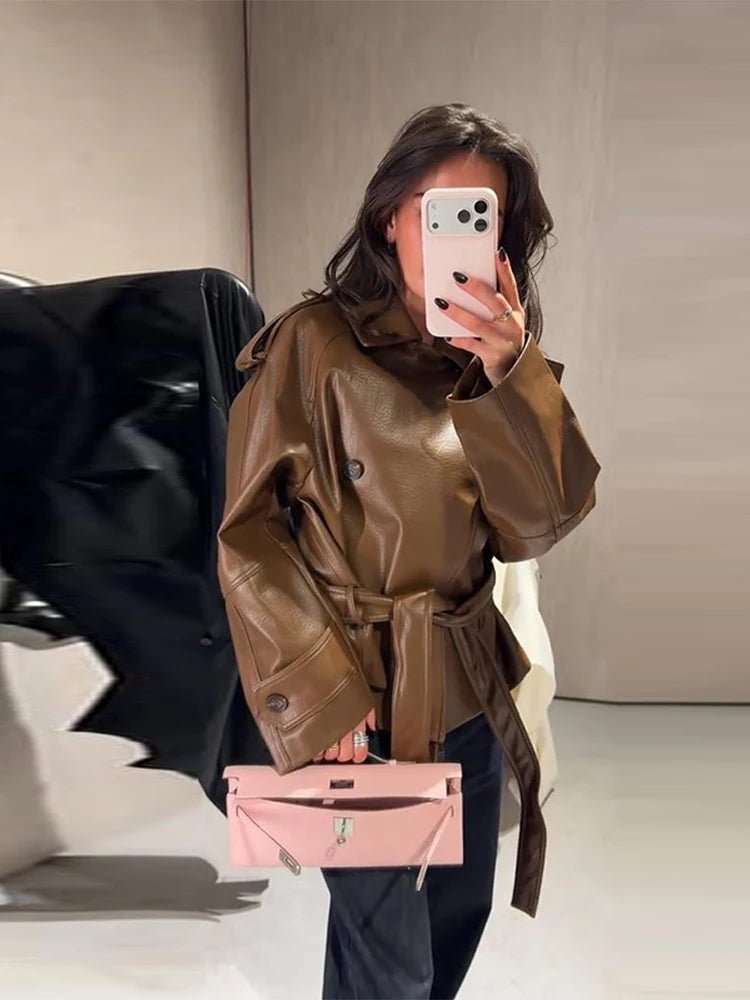 Xylia Belted Faux Leather Trench Coat