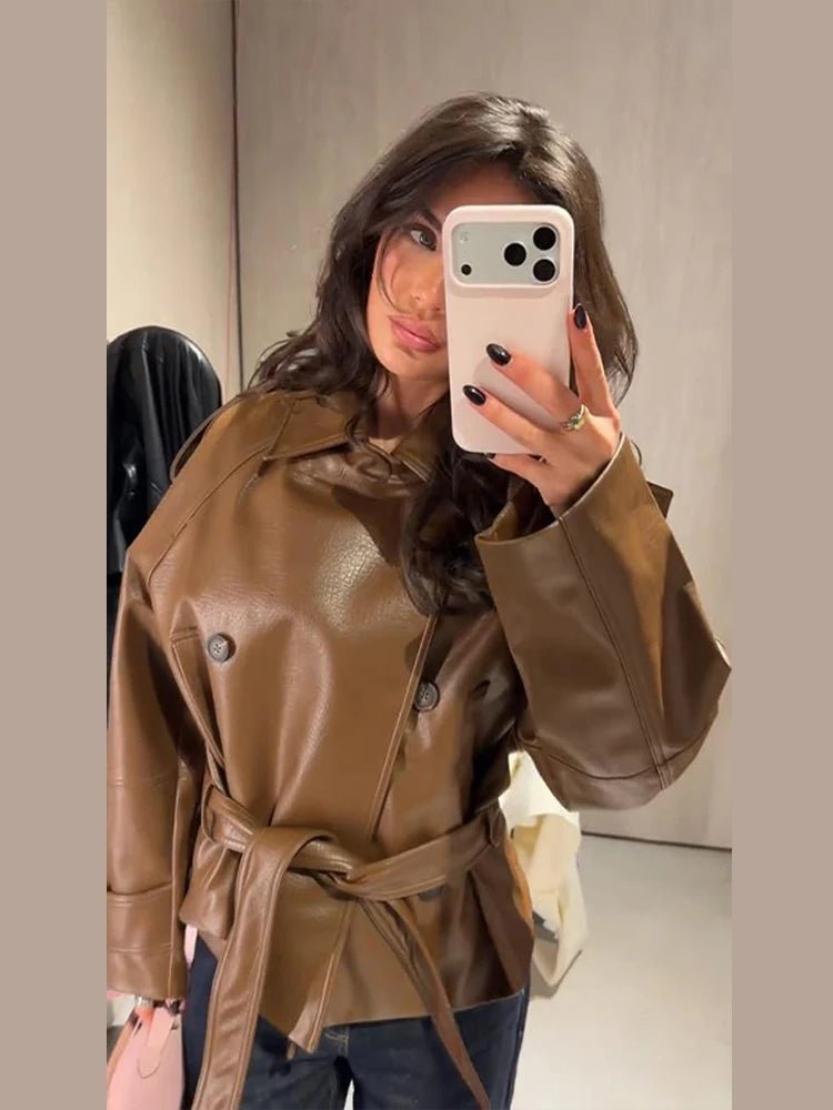 Xylia Belted Faux Leather Trench Coat