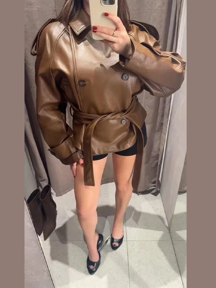 Xylia Belted Faux Leather Trench Coat