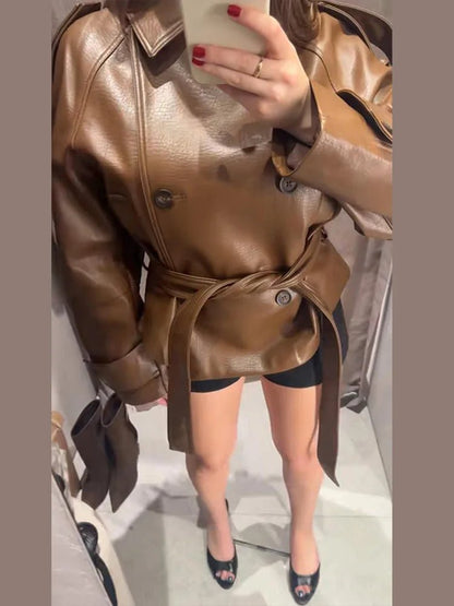 Xylia Belted Faux Leather Trench Coat