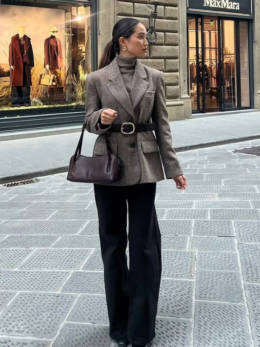 Yalina Herringbone Blazer with Belt