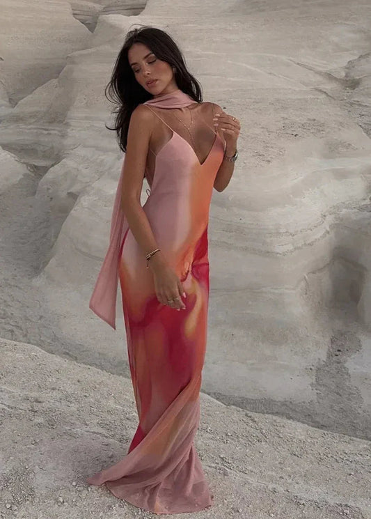 Emma Open-Back Ombre Satin Maxi Dress