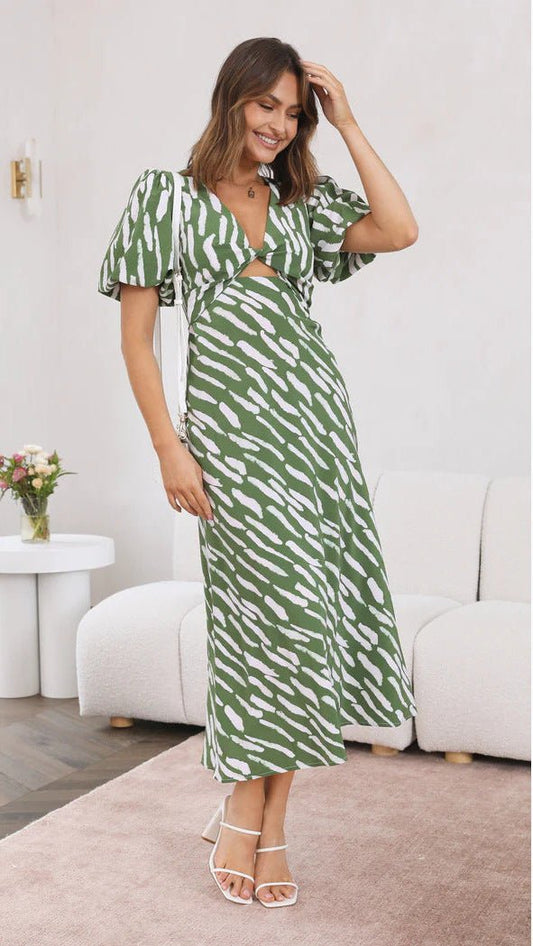 Brooke Printed V-Neck A-Line Midi Dress