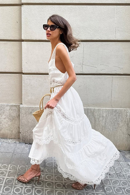 Celeste Boho Lace Patchwork Ruffle Maxi Dress