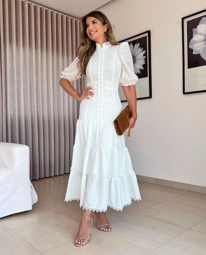Isabelle Eyelet Lace Puff Sleeves Midi Dress