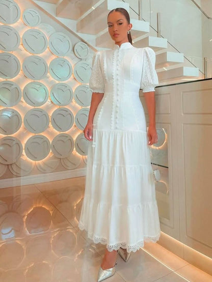 Isabelle Eyelet Lace Puff Sleeves Midi Dress