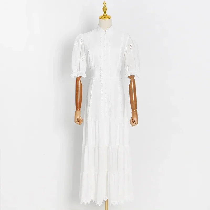 Isabelle Eyelet Lace Puff Sleeves Midi Dress