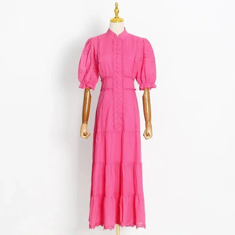 Isabelle Eyelet Lace Puff Sleeves Midi Dress