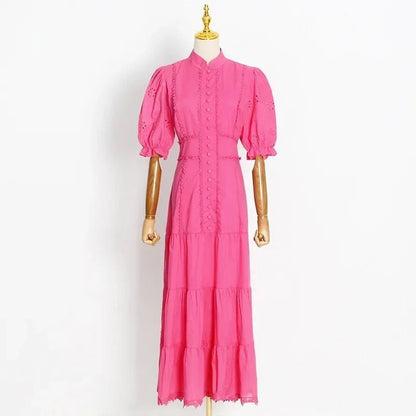Isabelle Eyelet Lace Puff Sleeves Midi Dress
