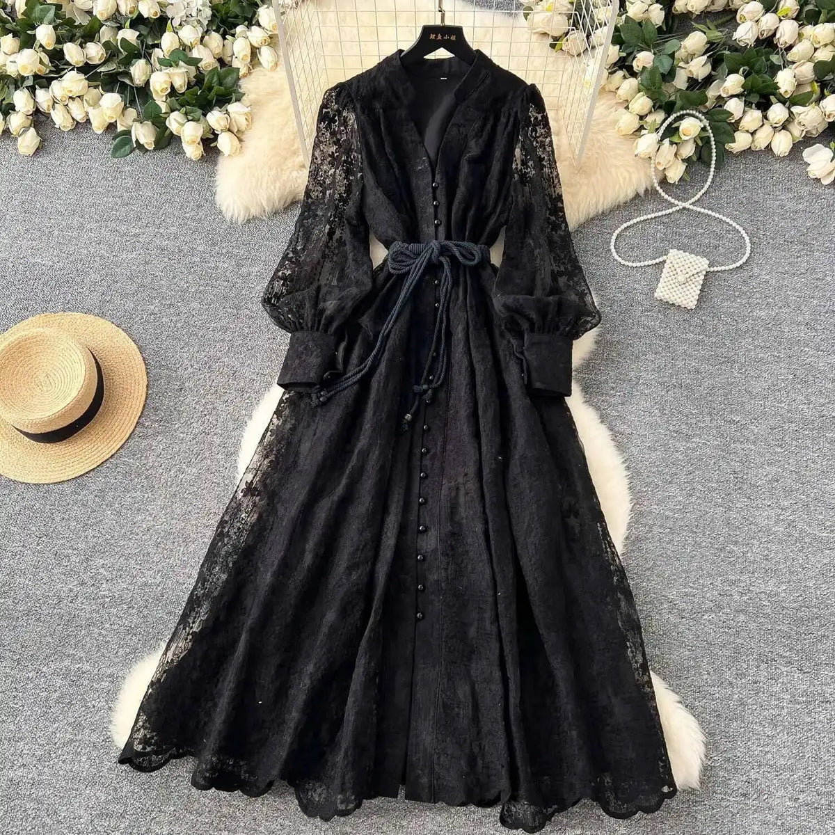 Beatrice Embroidered Pearl Midi Dress