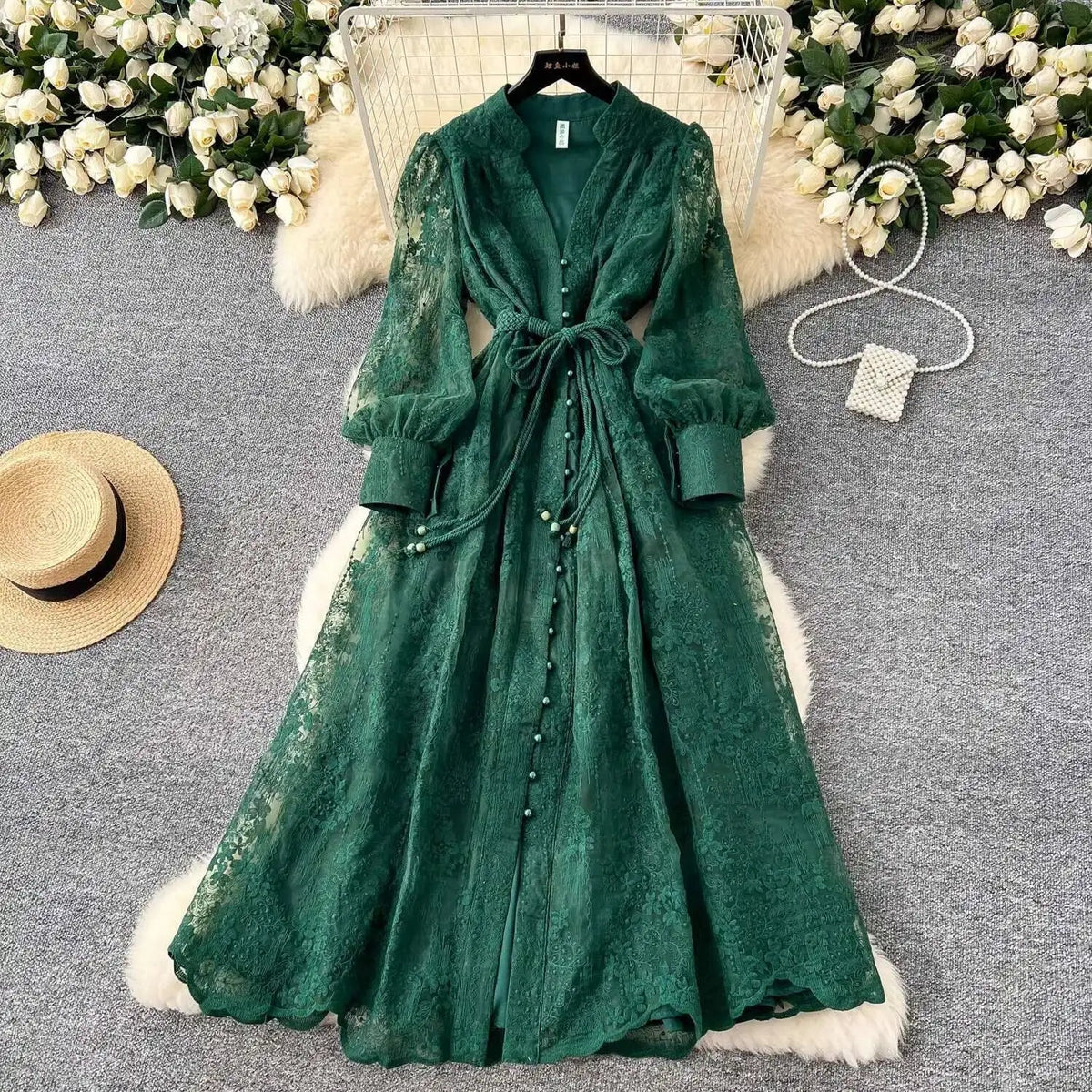 Beatrice Embroidered Pearl Midi Dress