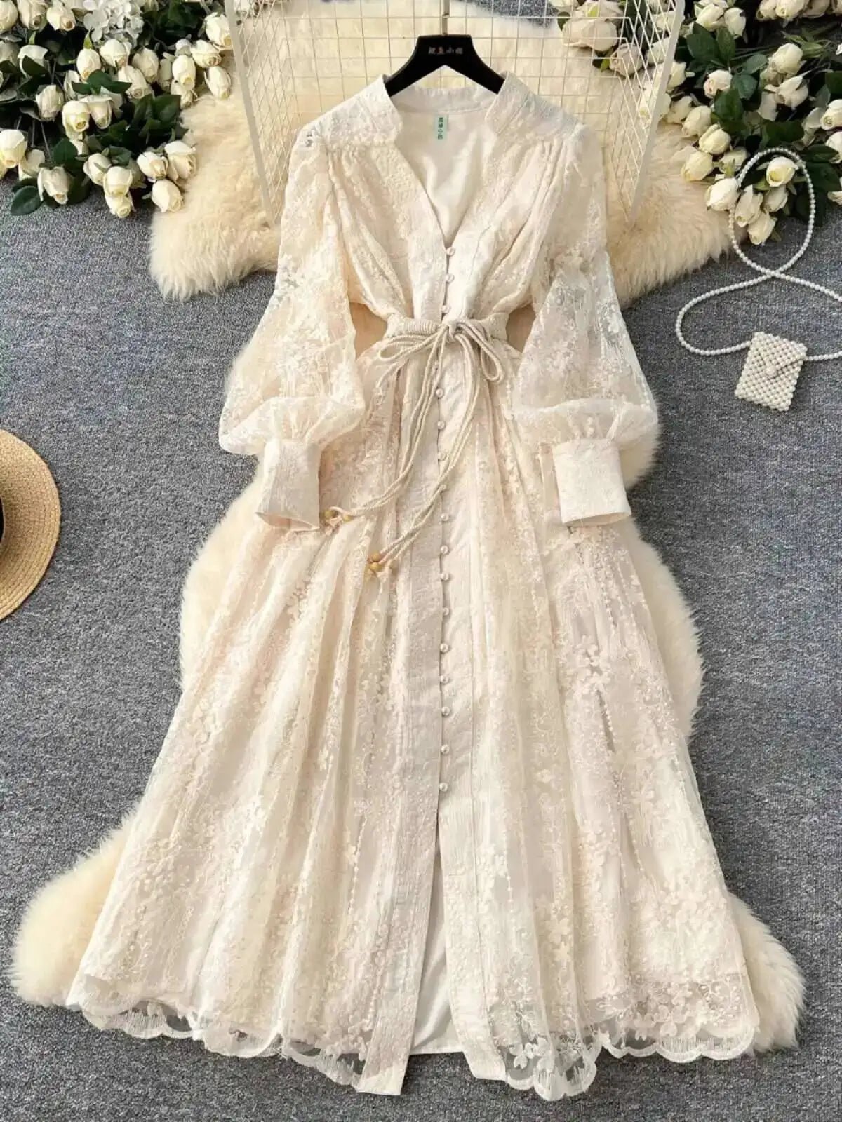 Beatrice Embroidered Pearl Midi Dress