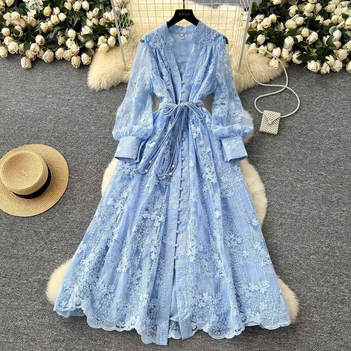 Beatrice Embroidered Pearl Midi Dress