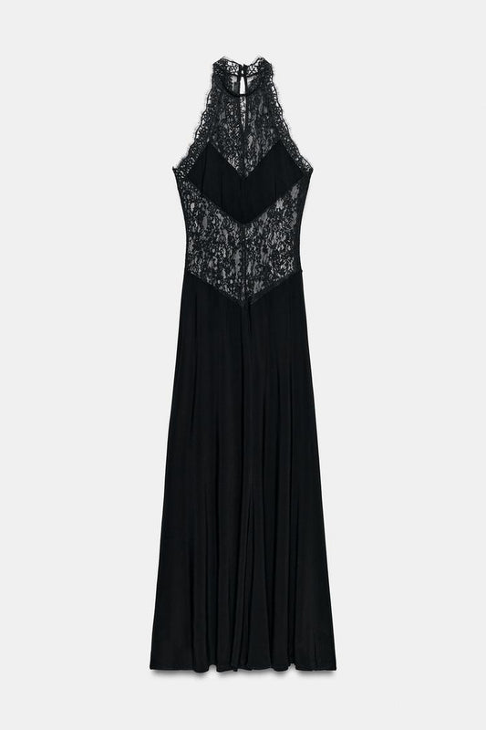 Lindsay Sheer Lace Halter Maxi Dress