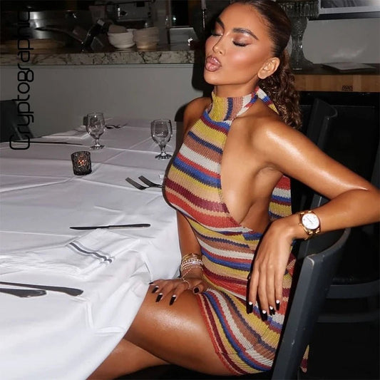 Aireste Striped Halter Bodycon Dress