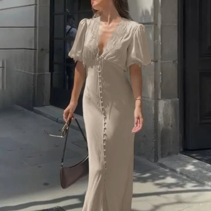 Sophia Puff Sleeve Lace-Up Maxi Dress