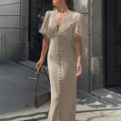 Sophia Puff Sleeve Lace-Up Maxi Dress
