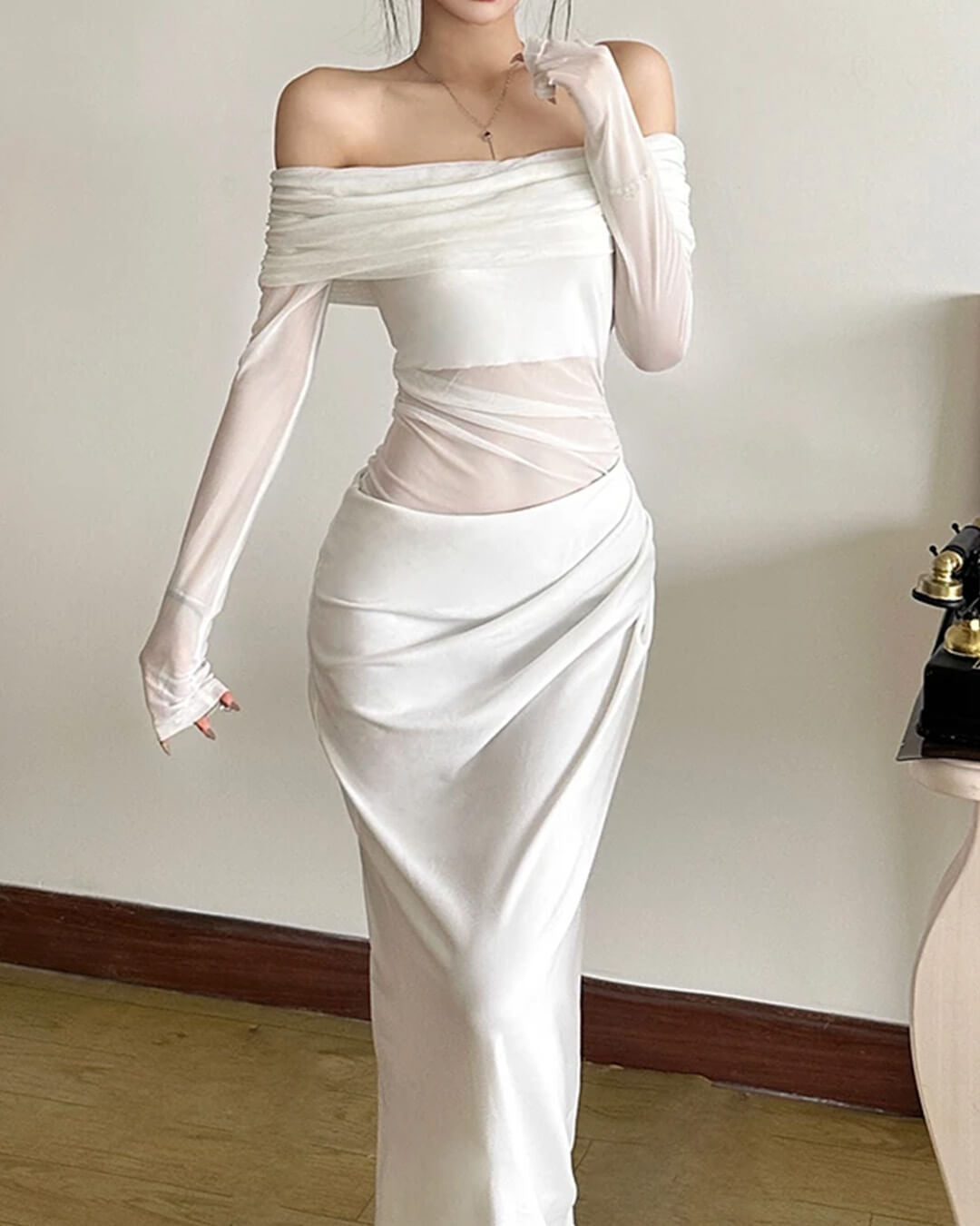 Shiela Ruched Mesh Maxi Dress