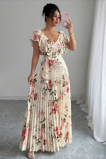 Valentina Floral V-Neck Ruffle Sleeve Maxi Dress