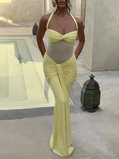 Veracity Halter Backless Ruched Maxi Dress