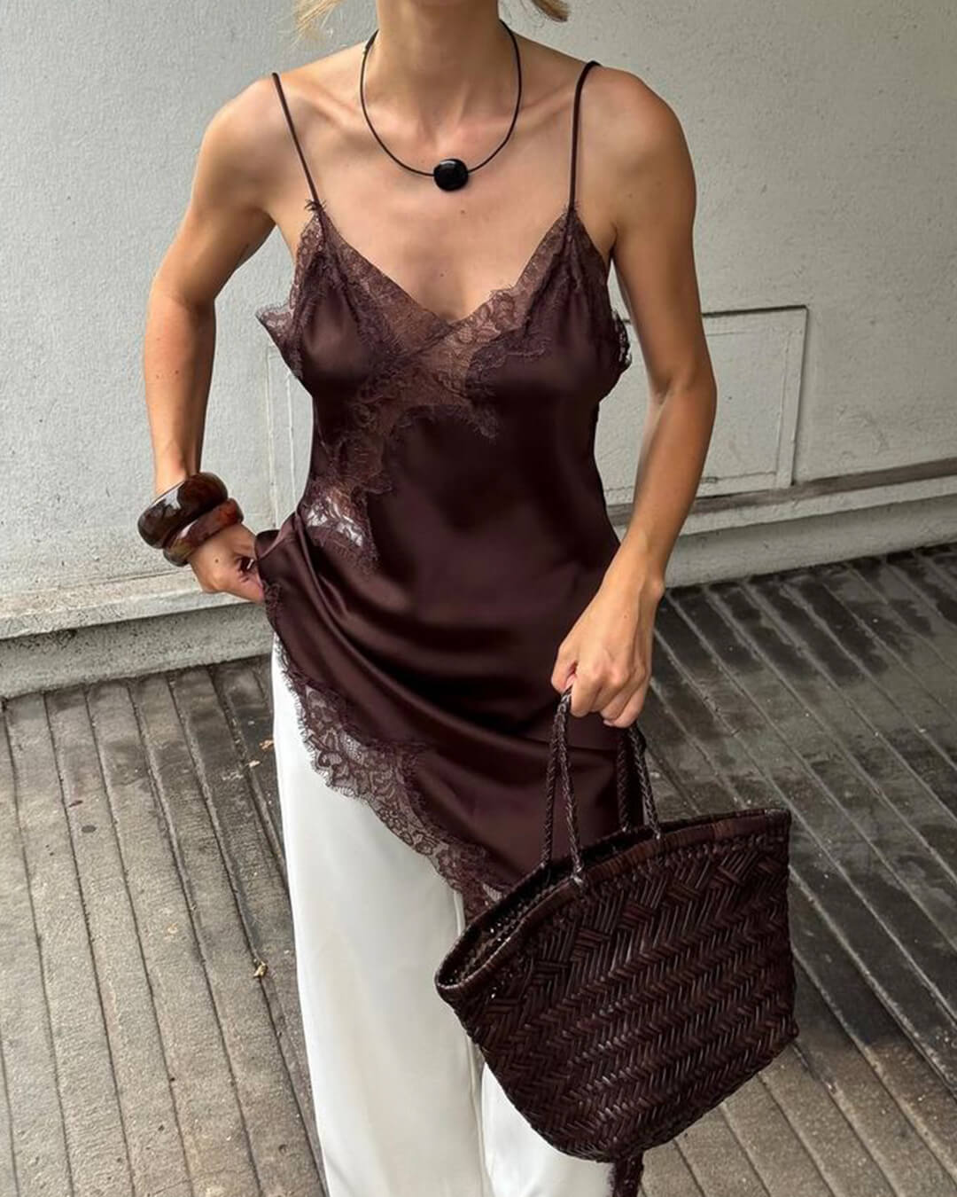 Chiara Asymmetric Satin Lace Midi Dress
