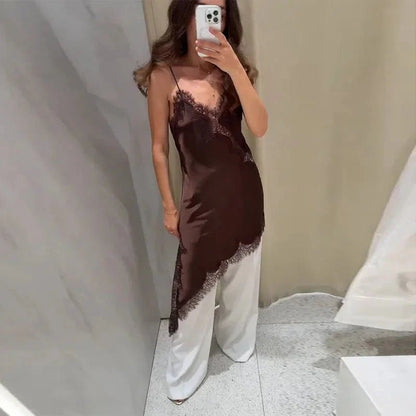 Chiara Asymmetric Satin Lace Midi Dress