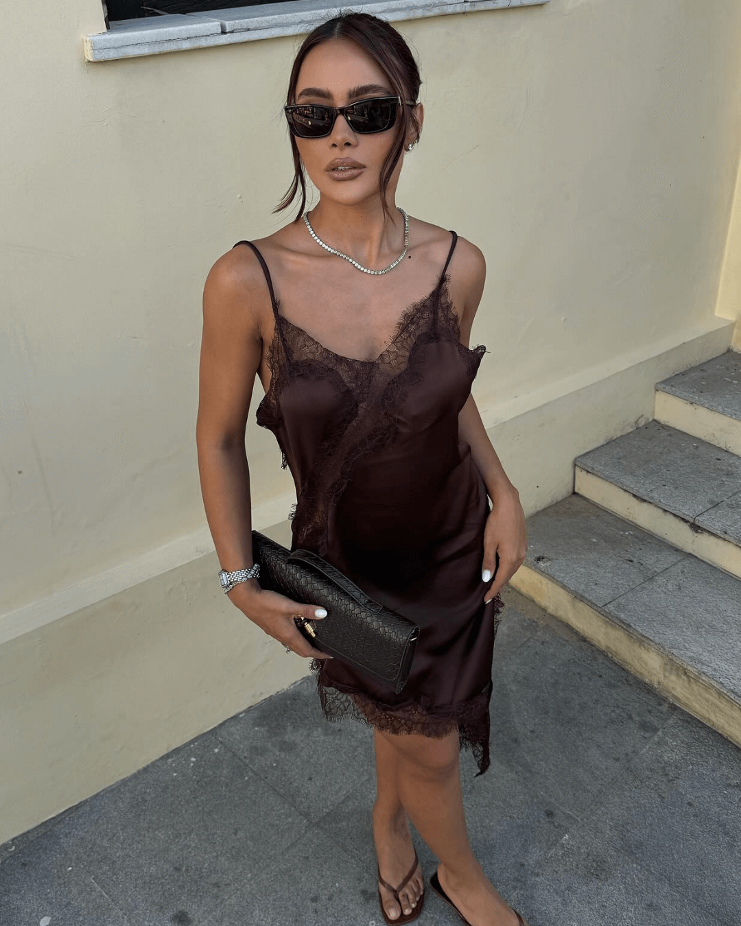 Chiara Asymmetric Satin Lace Midi Dress