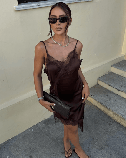 Chiara Asymmetric Satin Lace Midi Dress