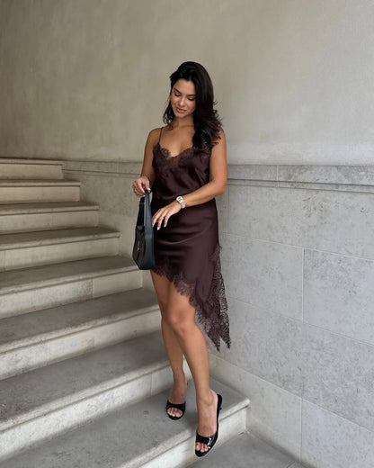 Chiara Asymmetric Satin Lace Midi Dress